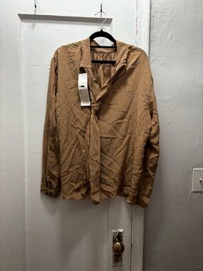 Tie-Neck Long Sleeve Blouse in Tan